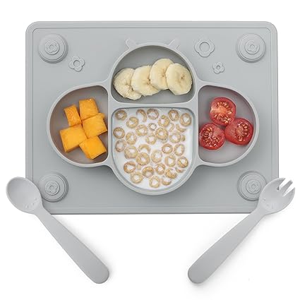 ROCCED Suction Plates for Baby Placemat Spoon Fork Set for Toddlers, Silicone Baby Plates with Suction Baby Dishes for Kids Plates-grey