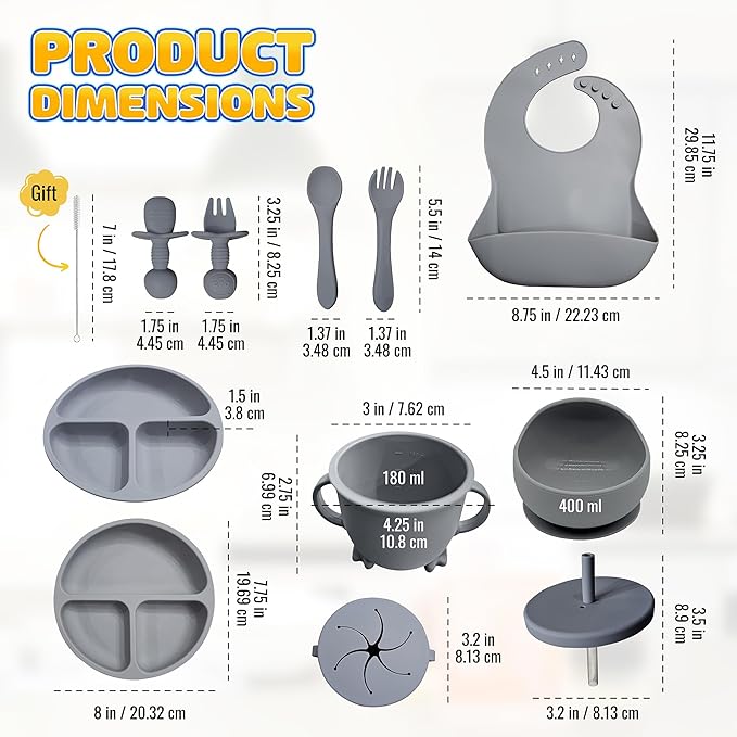 Baby Led Weaning Supplies | 10 Piece Silicone Feeding Set | Baby Toddler Bib Cup Divided Plate and Bowl Self Feeding Spoons Dish Set | Baby Utensils | Toddler Feeding Supplies (Gray)