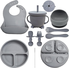 Baby Led Weaning Supplies | 10 Piece Silicone Feeding Set | Baby Toddler Bib Cup Divided Plate and Bowl Self Feeding Spoons Dish Set | Baby Utensils | Toddler Feeding Supplies (Gray)