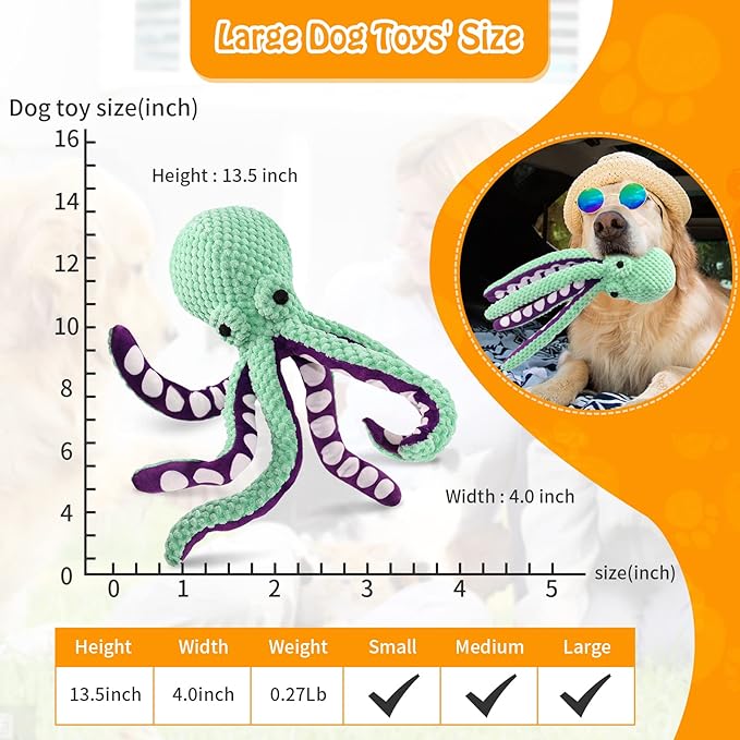 Squeaky Dog Toys for Large Dogs: Plush Dog Toys with Soft Fabric for Small, Medium, and Large Pets - Octopus Stuffed Dog Toys for Indoor Play