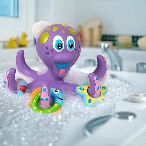 Nuby Floating Octopus Toy with 3 Hoopla Rings - BPA Free Baby Bath Toy for Boys and Girls - 18+ Months - Purple (Pack of 1)