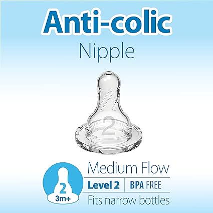 Dr. Brown’s Natural Flow Level 2 Narrow Baby Bottle Silicone Nipple, Medium Flow, 3m+, 100% Silicone Bottle Nipple, 6 Count