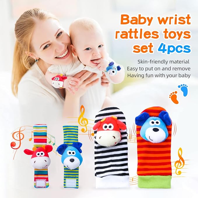 Koty Baby Wrist Rattles Foot Finder Toys Set, Toddler Rattle Sock, Arm Hand Bracelet, Feet Leg Ankle Socks, Gift for Newborn Infant Babies Boy Girl Bebe(Dog & Cow)