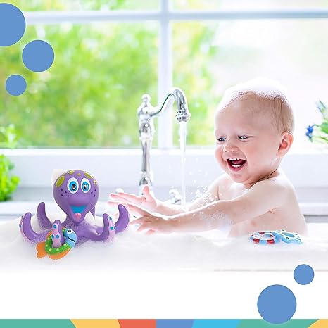 Nuby Floating Octopus Toy with 3 Hoopla Rings - BPA Free Baby Bath Toy for Boys and Girls - 18+ Months - Purple (Pack of 1)