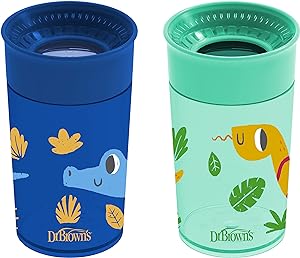 Dr. Brown's Milestones Cheers 360 Cup Spoutless Transition Cup, Travel Friendly & Leak-Free Sippy Cup, Blue Alligator – Turquoise Snake, 10 oz/300 mL, 2 Pack