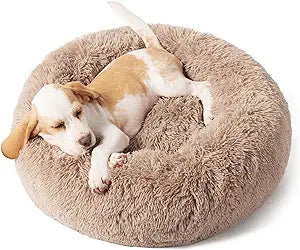 Bedsure Calming Dog Bed for Small Dogs - Donut Washable Small Pet Bed, 23 inches Anti-Slip Round Fluffy Plush Faux Fur Large Cat Bed, Fits up to 25 lbs Pets, Camel