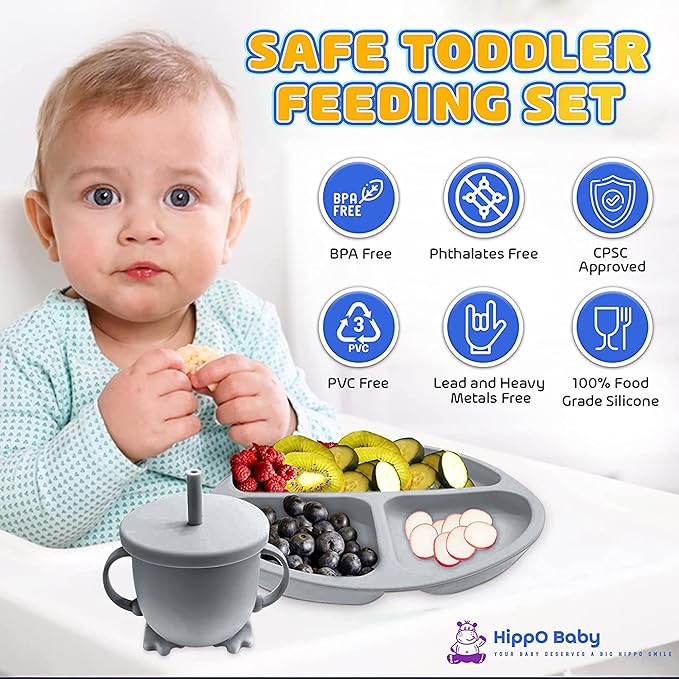 Baby Led Weaning Supplies | 10 Piece Silicone Feeding Set | Baby Toddler Bib Cup Divided Plate and Bowl Self Feeding Spoons Dish Set | Baby Utensils | Toddler Feeding Supplies (Gray)