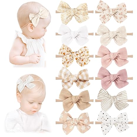 Niceye Baby Bows and Headbands, 12 Packs of Stretchy Nylon Hairbands Hair Bows for Newborns, Infants, Toddlers - Handmade Baby Hair Accessories for Girls