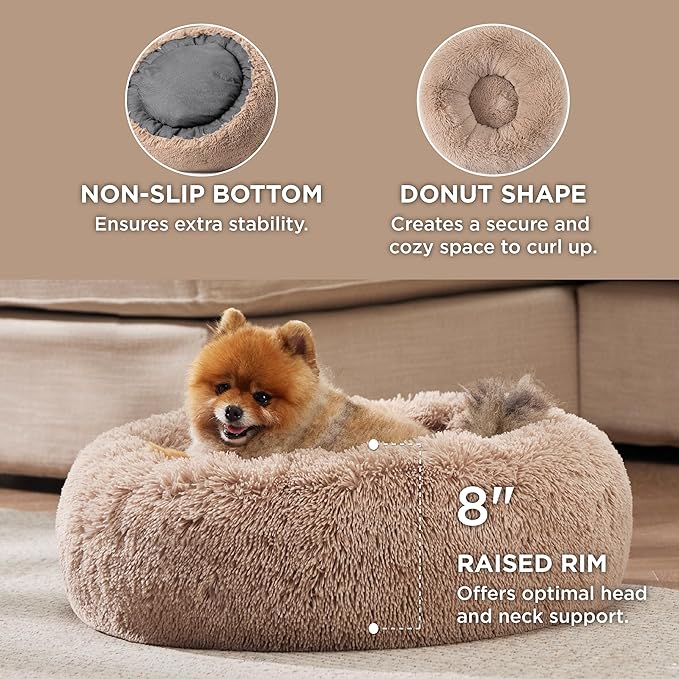 Bedsure Calming Dog Bed for Small Dogs - Donut Washable Small Pet Bed, 23 inches Anti-Slip Round Fluffy Plush Faux Fur Large Cat Bed, Fits up to 25 lbs Pets, Camel